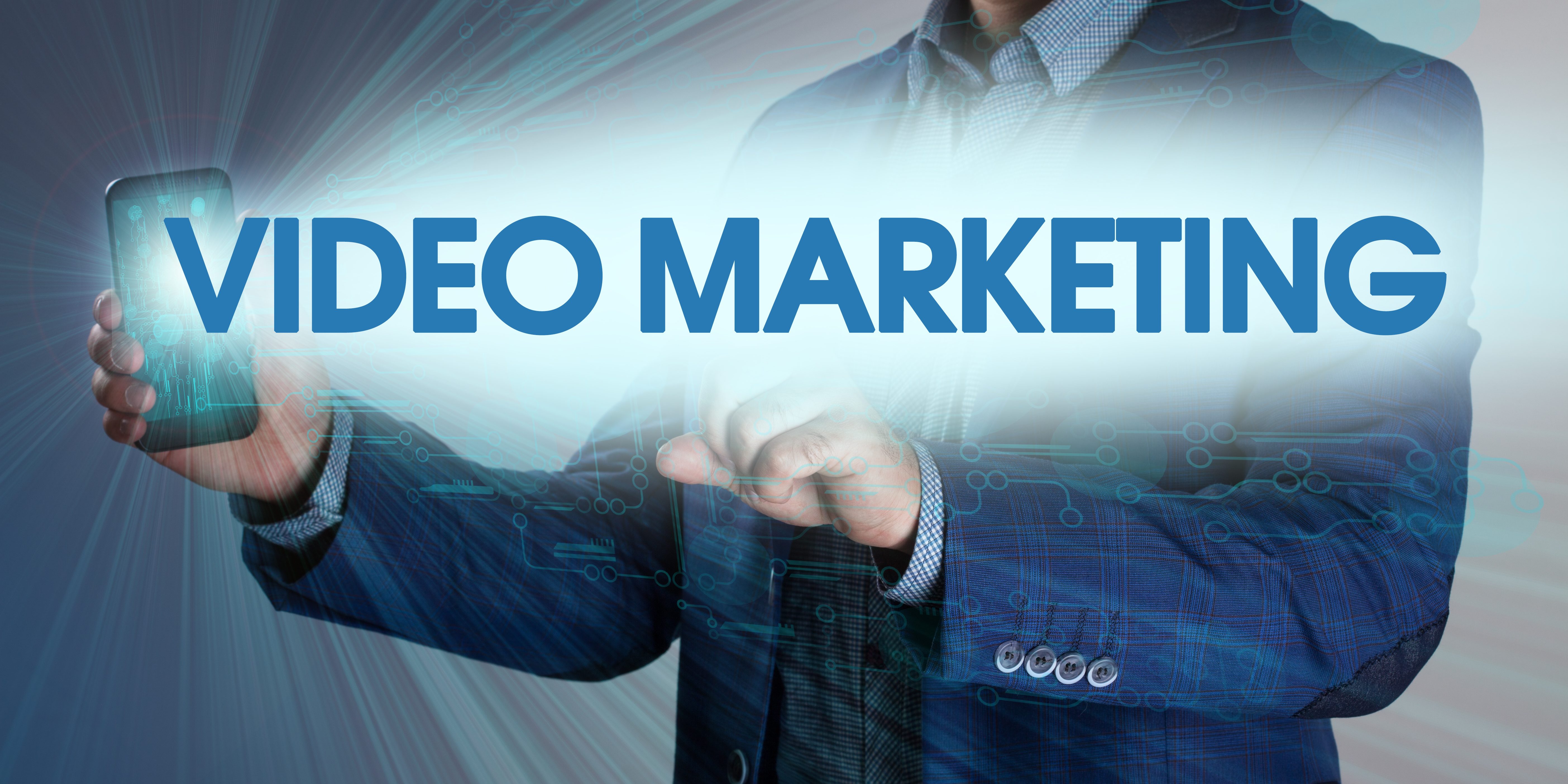 Businessman presses button video marketing on virtual screens. B