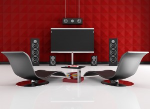 home cinema room with red acoustic panel - rendering