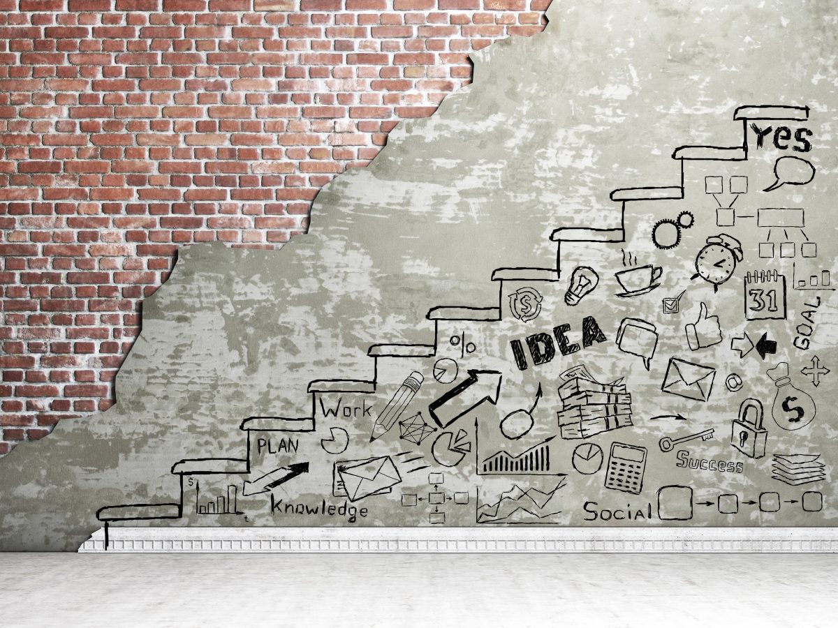 Promotion concept. Painted staircase with draw in the wall. Business draw.