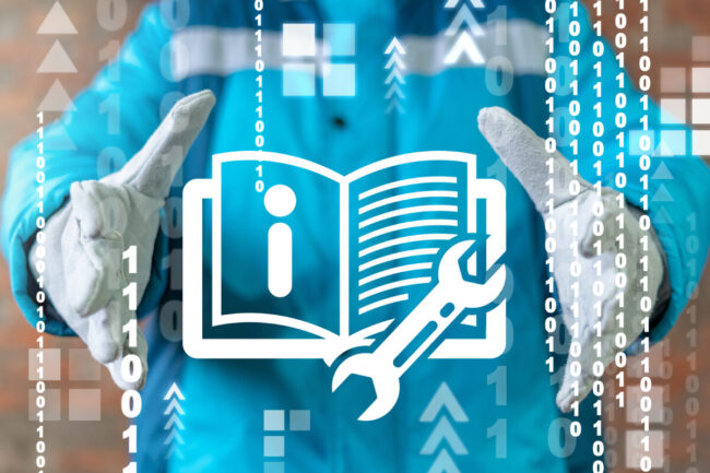 Industry engineer hold wrench book virtual icon. Industrial User