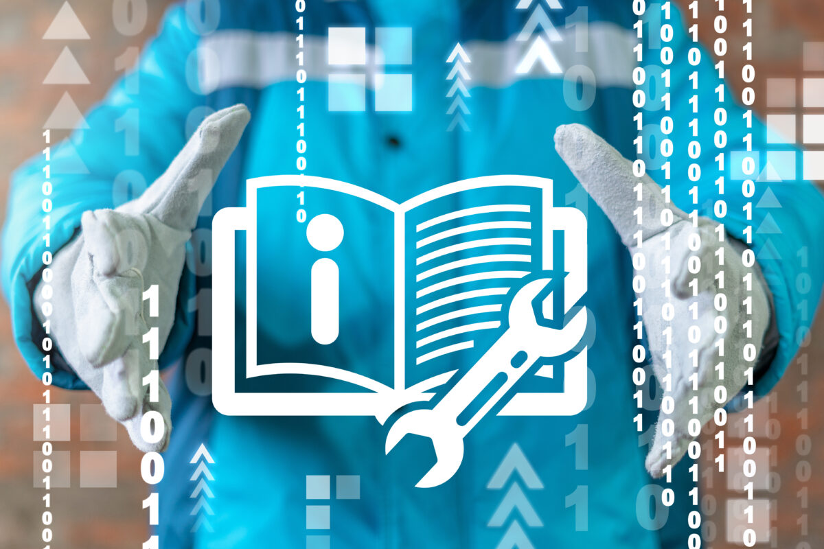 Industry engineer hold wrench book virtual icon. Industrial User