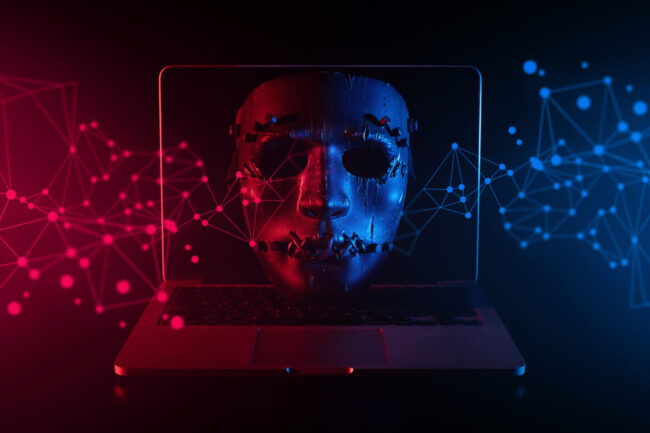 devil mask with computer notebook in hacker security network concept and hologram display red blue