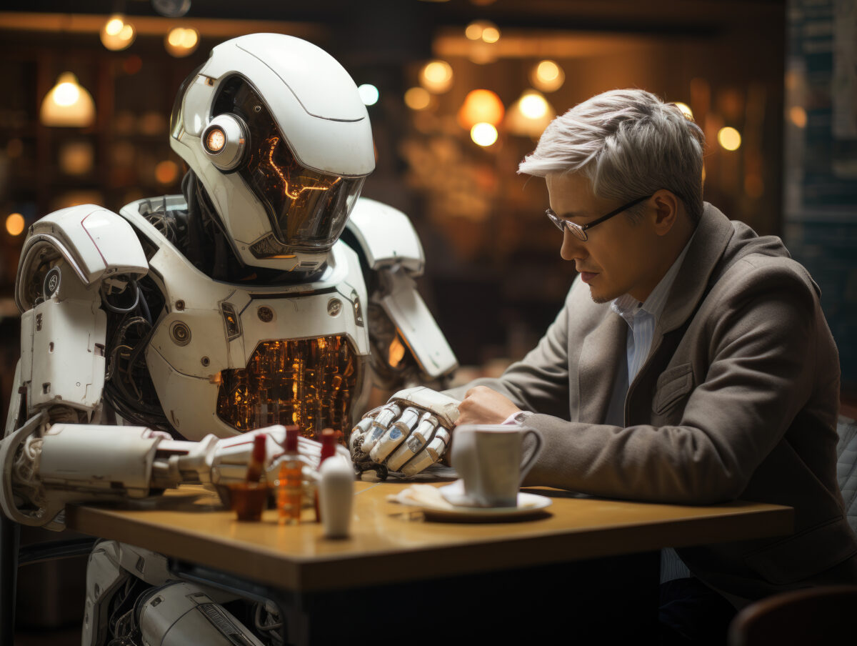Future Tech Convention: Robotic Android Men Sitting at Table