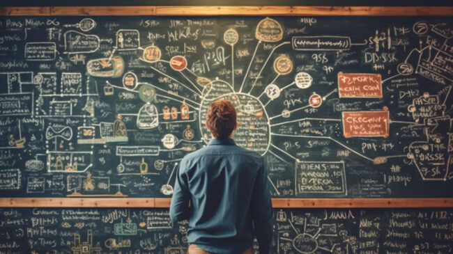 Rear view of a teacher looking at a blackboard with formulas and graphs on it. Generative AI