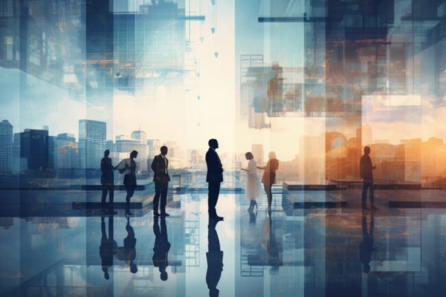 Silhouette of business people work together in office.