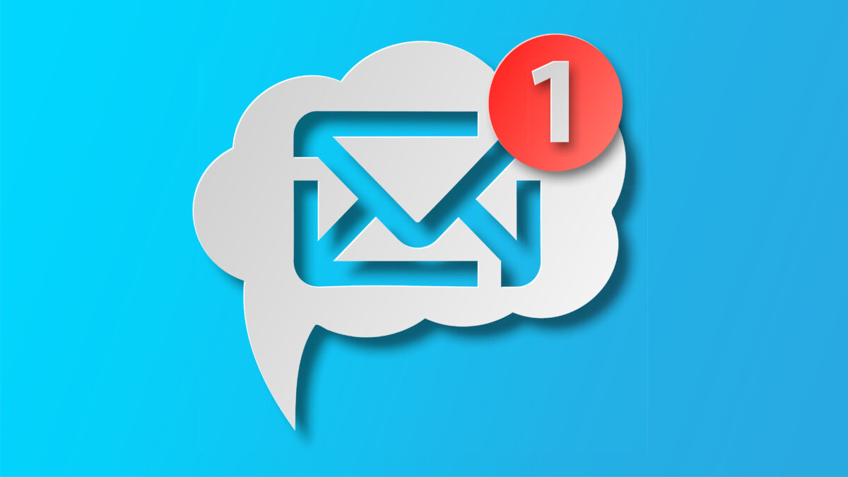 Cartoon white bubble with email notice. Flat simple style trend modern e-mail. Graphic design isolated on blue background. Concept of you’ve got mail and full inbox or mailbox bubble symbol.