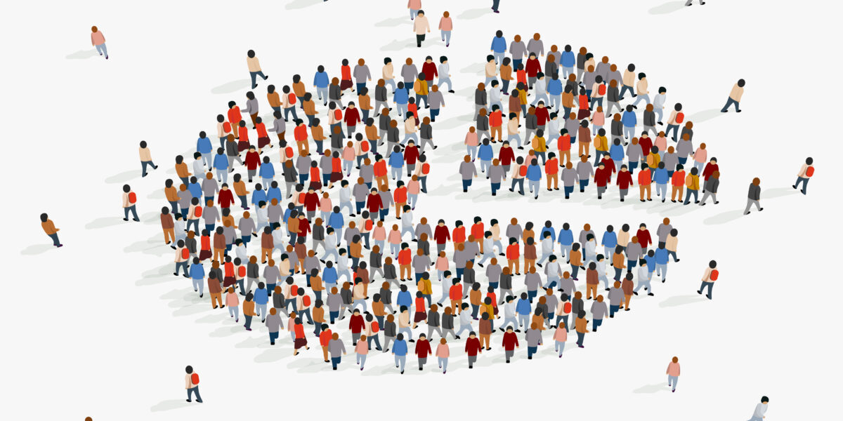 Population demographics report, pie chart composed of people.