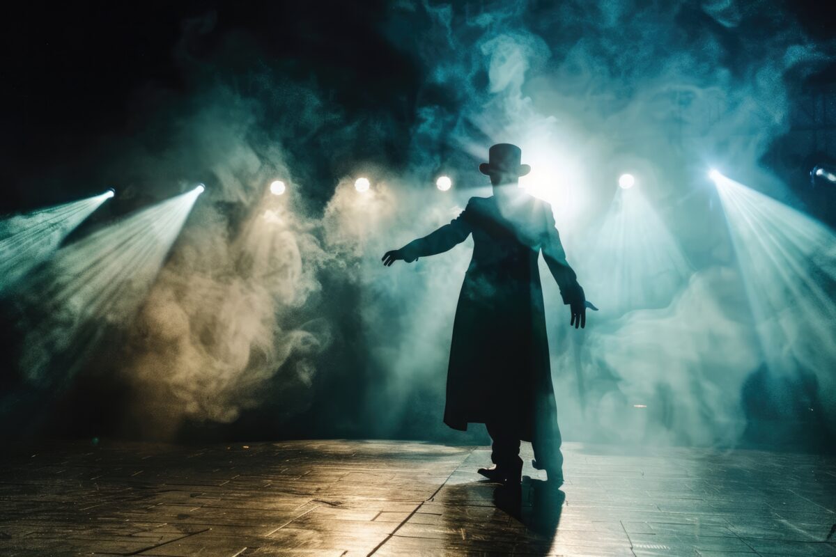 Back view of a young magician man doing a magic trick on stage, in silhouette, with spotlights and foggy lighting creating a dramatic effect.