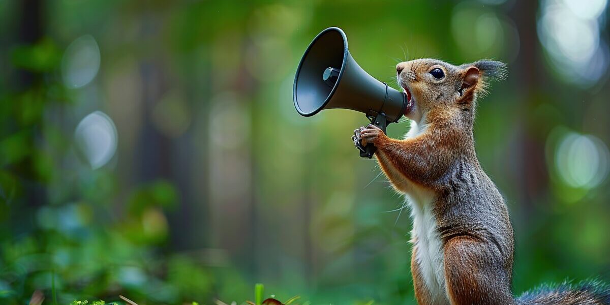 Squirrel screams in loudspeaker on green background