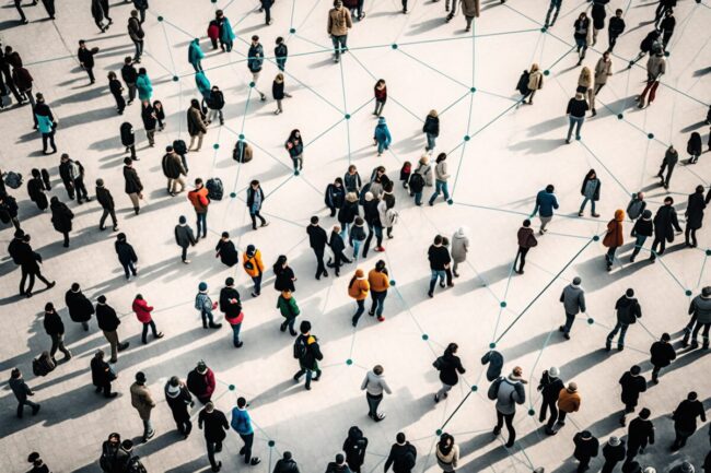 Aerial view of a crowd with a network of connections, generative ai