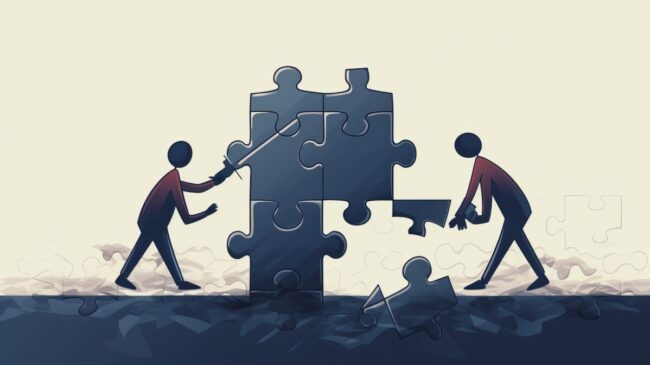 Schematic of two workers pushing puzzles towards each other, Generative AI