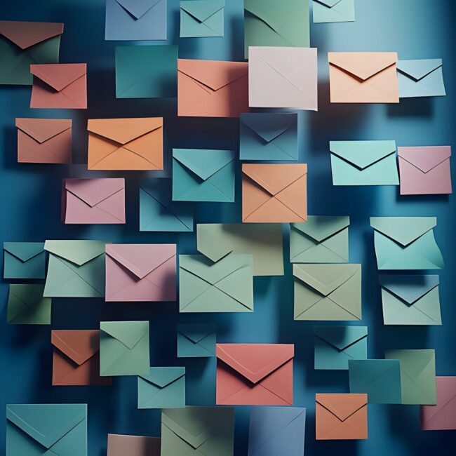 A series of email inboxes cluttered with unknown or suspicious emails, each displaying a variety of unfamiliar senders and potentially risky content