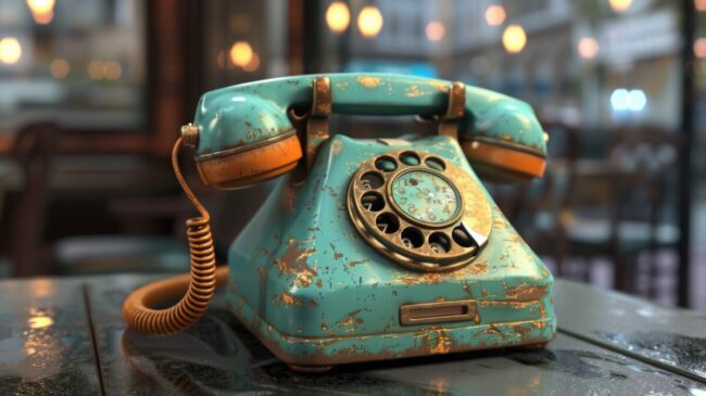 Old style vintage rotary telephone. Minimal retro 80’s concept. Blue scratched old-fashioned phone on table at office. Antique store. 70s design.